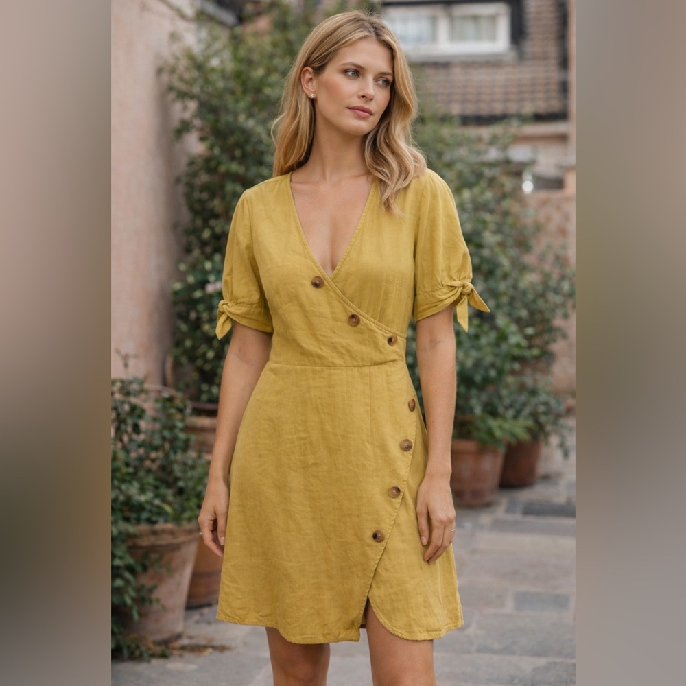 Nasty Gal Mustard Yellow Wrap Mini Dress Puff Sleeve Button Detail